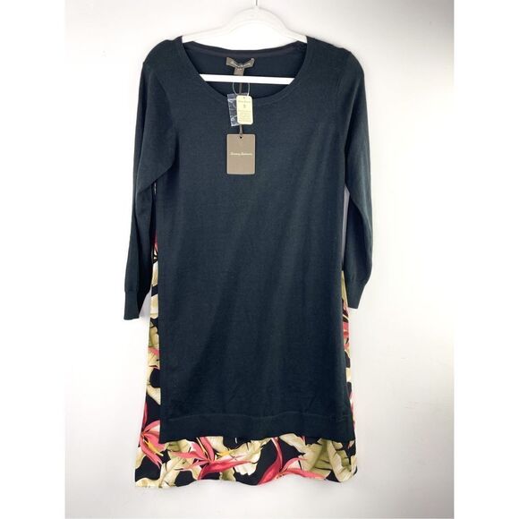 NWT Tommy Bahama Black Lightweight Silk Sweater Mini Dress With Floral Trim and - Picture 1 of 9